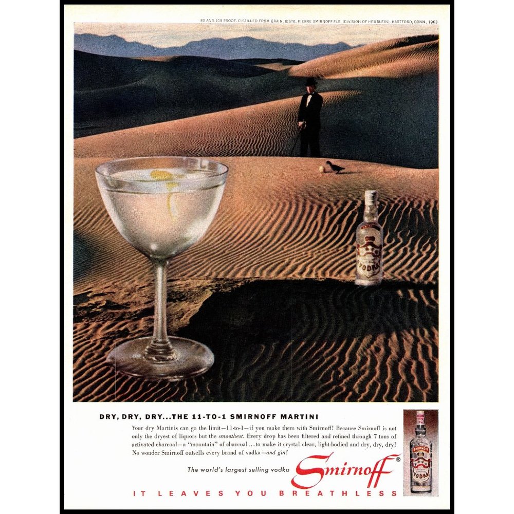 1963 Smirnoff Vodka Martini Vintage Print Ad Desert Sand Dunes Tuxedo Wall Art